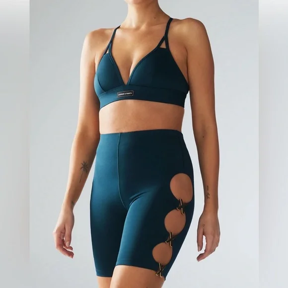 Savage X Fenty SavageXXX Cut-Out Bike Shorts & Sports Bra Set | Teal | Medium - Picture 1 of 4